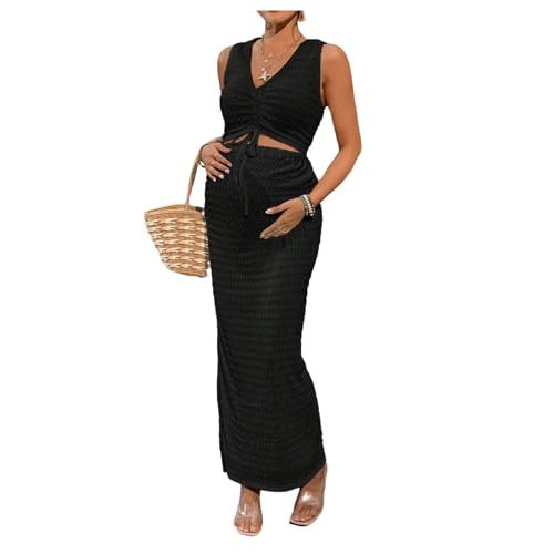 Milumia Women's Maternity 2 Piece Outfits Textured Drawstring Tie Knot Tank Top Bodycon Maxi Skirt Sets