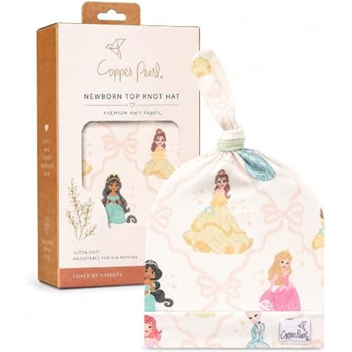 Copper Pearl Baby Beanie Hat: Soft Stretchy Top Knot Hat for Newborn Boys and Girls, Adjustable Knot Grows with Your Child, Infant Cap and Shower Gift, Disney Princess, 6-18 Months