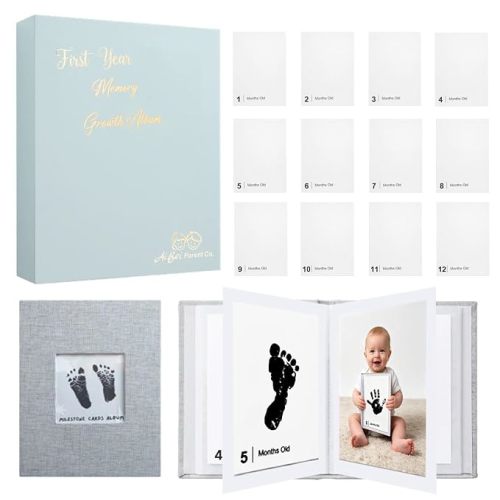 Baby Inkless Milestone Cards Hand Casting Kit Ink Print Hand and Footprint Kit Dog or Cat Pet Paw Print Kit Baby Newborn Footprint Kit Photo Album Keepsake Book Feet Stamp (Green Gift Box + Album)