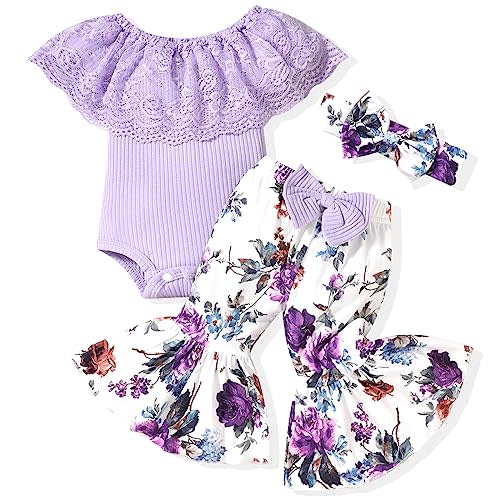 HINTINA Newborn Baby Girl Short Sleeve Bodysuit Flared Pants Ribbed Outfits