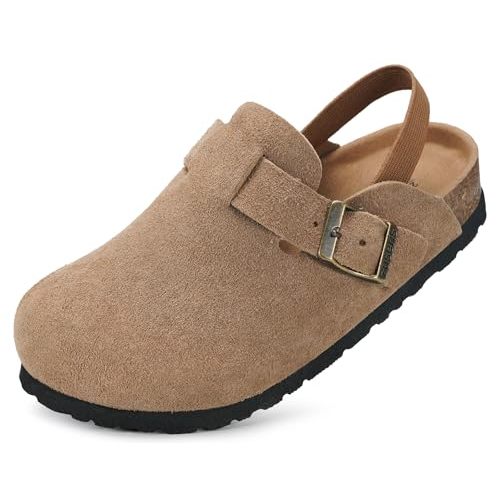 ZUSERIS Kids Suede Clogs Toddler Clogs Boys Girls Cork Footbed Sandals Potato Shoes Leather Slip On Mules with Adjustable Buckle