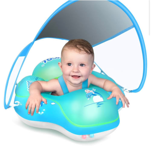 Baby Pool Float No Flip Over, Inflatable Baby Float with Sun Protection Canopy, Baby Swimming Float, Baby Swim Float with Double Air Chambers, Add Tail for Age of 3-36 Months