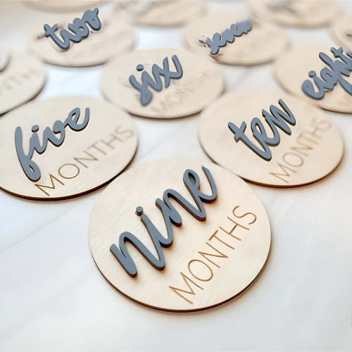 XIBUFE Baby Monthly Milestone Markers Disc,Wooden 3D Milestone Cards for Photos,Baby Announcement Sign,Slate Blue,1-12 Months,4 Inches in Size