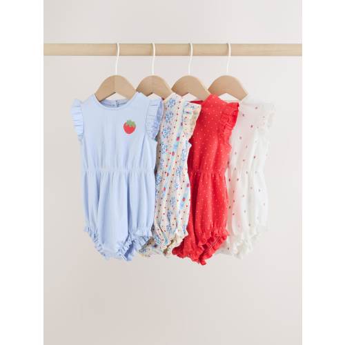 Blue Strawberry Frill Shoulder Baby Rompers 4 Pack