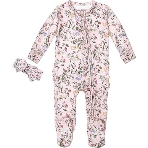 Ruffle Butts Baby Girl 0-3M, Coming Home Outfit Girls, Babygirl Clothes, Ruffled Baby's Sleepers with Headband, Baby Hospital Outfit Girl (Botanical Pink 0-3M Pajama)