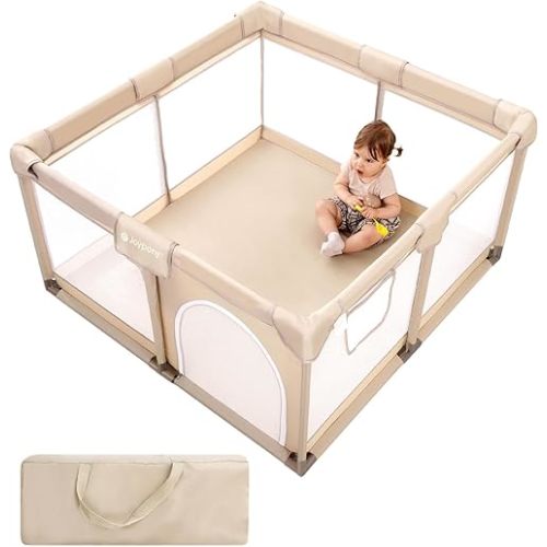 Joypony Baby Playpen, 50x50 in Small Play Pen for Babies and Toddlers, Playpen for Kids with Gate, Indoors Play Yard with Soft Breathable Mesh (Beige)