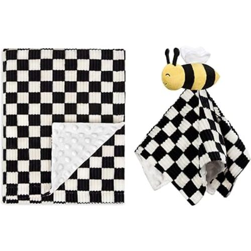 Baby Blanket+Baby Security Blanket for Boys Comfy Durable Corduroy Toddler Blanket with Double Layer Dotted Backing Checkerboard Grid Chessboard Gingham Warmer Bed Blankets for Newborn Infants Black