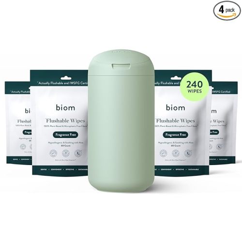 Biom Flushable Wipes Starter Kit - 4pk (240 Total) Fragrance Free Wipes + Refillable BPA-Free Dispenser- Biodegradable, Plant-Based, Non-Toxic Wet Wipes for Adults & Baby - Perfect For Home & Travel
