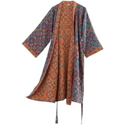 100% Cotton Gauze Ginkgo Leaf Kimono Robe, Long Knit Loose Bathrobe Nightgown Ladies Loungewear Sleepwear for Women