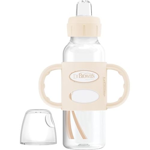 Dr. Brown's Milestones Narrow Sippy Spout Bottle with 100% Silicone, Easy-Grip Handles and Soft Sippy Spout, 8oz/250mL, Ecru, 1-Pack, 6m+