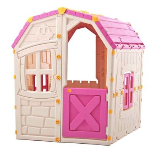 Costway Outdoor Kids Playhouse with Openable Door Windows for Home Backyard for Ages 2+ Pink/Blue