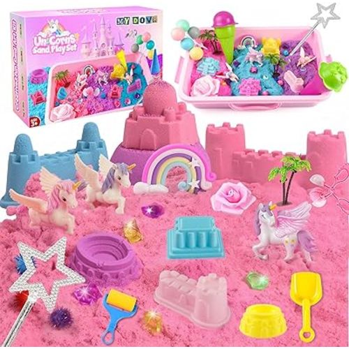 Unicorn Sensory Bin for Girl, Magic Sand Art Kit for Boys and Girl with Sandbox, Castle Molds, 2.18lb 3 Color Sand, Best Unicorn Toy Kits Christmas Birthday Gift for Toddler Ages 3+