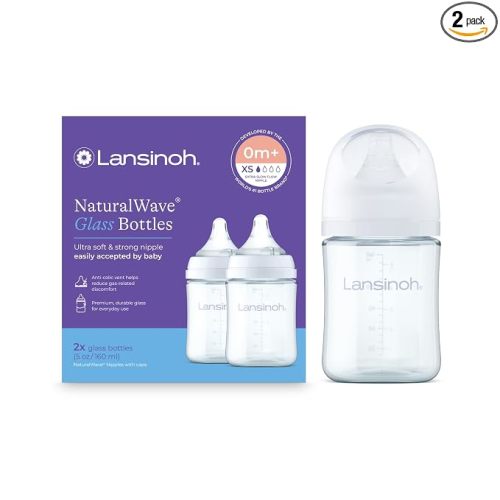 Lansinoh Glass Baby Bottles, Anti-Colic, White, 5oz, 2 Count, with Extra Slow Flow Nipples (Size XS, 0-1 Month), Baby Feeding Essentials
