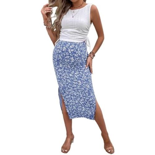 Milumia Women's Maternity Outfits 2 Piece Eyelet Ruched Tank Top and Floral Double Slit Midi Skirt Sets