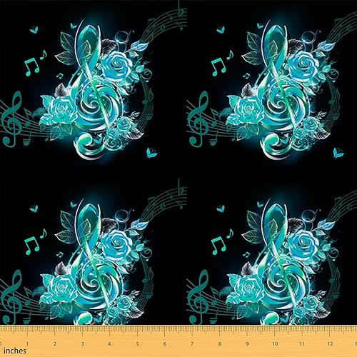 Feelyou Teal Music Note Fabric by The Yard 1 Yard Couple Rose Floral Decorative Waterproof Outdoor Fabric for Lover Valentine's Day Upholstery Fabric Romantic Musical DIY Reupholstery Fabric