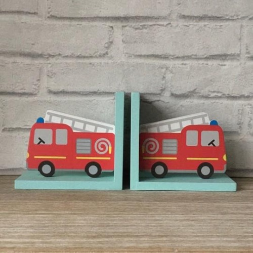 Pair of 2 Red Fire Engine Bookends Shelf Nursery Children's Kids Room Decoration Bookshelf Books Boy's Girl's Gift Present Niece Nephew