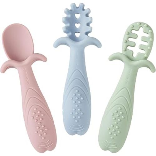 KINGSTONE Baby Spoons Self Feeding 6+ Months, Anti-Choke, Silicone, 3-Pack