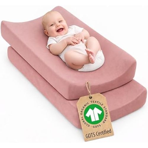 Plush Organic Changing Pad Covers Boy, Girl - GOTS 100% Certified Organic Cotton Changing Table Pad Cover, Baby Nursery Diaper Changing Pad Sheets,Table Contour Pads Liners (Dusty Rose + Dusty Rose)