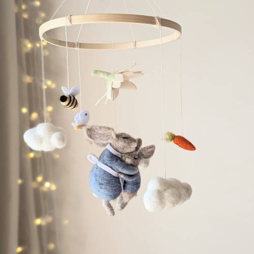 Peter Rabbit Baby Mobile, Needle Felted Bee Cloud Crib Mobile