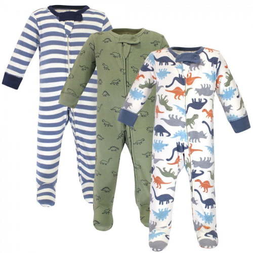 Touched by Nature Baby Boy Organic Cotton Zipper Sleep and Play 3pk, Dinosaurs, 6-9 Months