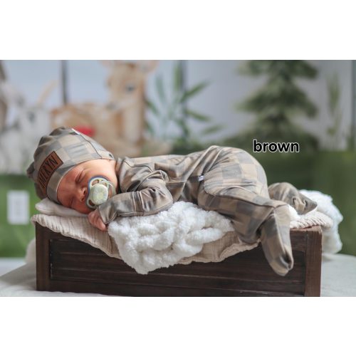 Brown Checkerboard Bamboo Romper: Newborn Outfit And Personalized Matching Knot Hat