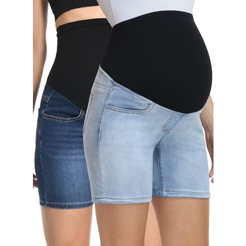 V VOCNI Maternity Jean Shorts Over The Belly Mid Thigh | Pregnancy Denim Shorts with Pockets, Stretchy Comfy Mom Shorts, Summer Casual Maternity Clothes