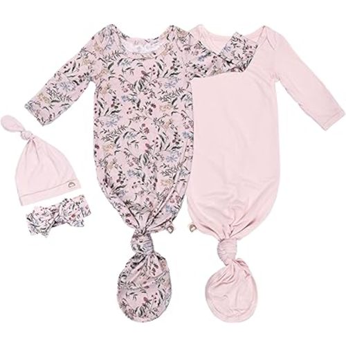 2-Pack Knotted Baby Gowns & Caps 0-3 Months (Girl) - Soft Hospital Outfit Sleep for Babies, Easy Tie Sleeper Gowns, Going Home Outfit for Baby Nightgowns - Designed in France, Pink & Botanical