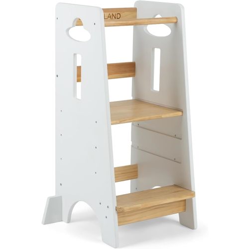 COSYLAND Toddler Standing Tower Adjustable Height - Super Stable Kids Kitchen Stool Helper with Protive Panel - 3 Levels Adjustable Wooden Toddler Kitchen Stool (All Natural)