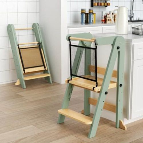 HOMLUX Foldable Toddler Kitchen Step Stool, 3 Adjustable Height Kitchen Stool with Safety Net for Kids Ages 1–6, Green