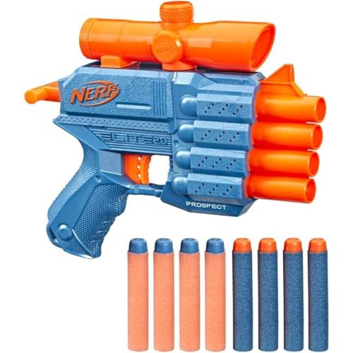 Nerf Elite 2.0 Prospect QS-4 Blaster, 8 Official Nerf Elite Darts, 4-Dart Blasting, Nonremovable Targeting Scope, Pull-Back Priming