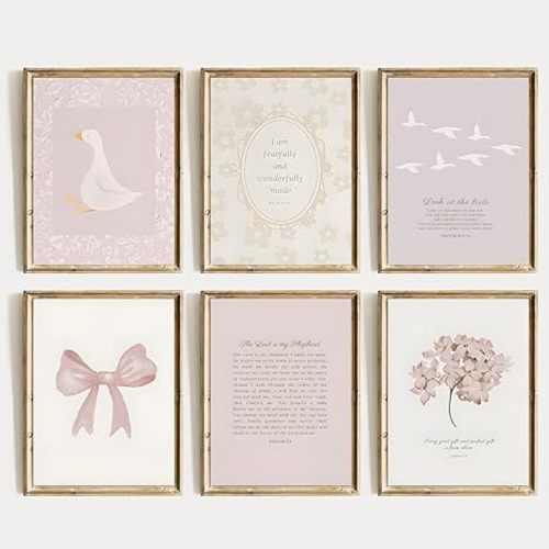 QBZWART Vintage Nursery Wall Art,Pink Swan and Rabbit Canvas Painting,Gallery Poster for Kids Room,Light Color Aesthetic Decor Unframed (Goose Bow Canvas Prints, 8x10Inch, Unframed)