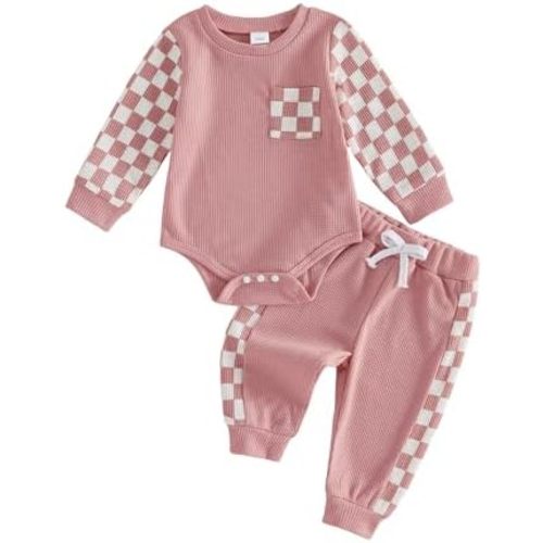 Newborn Baby Boy Girl Clothes Checkered Plaid Long Sleeve Waffle Knit Romper Pants Set 2 Piece Fall Winter Outfits