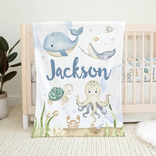 Sea Animals Baby Blanket, Personalized Baby Boy Blanket, Under The Sea Nursery, Ocean Crib Bedding Boy, Baby Shower Gift, Baby Name Blanket