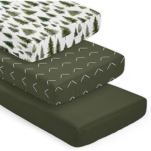 Sweet Jojo Designs 3-Piece Baby Crib Sheets Set (Woodland Pinetrees) for Boys, Infant Nursery, Toddler Room - Fitted, Standard Size (Green & White Arrow Geometric, Solid Hunter & Forest Themed, Trees)