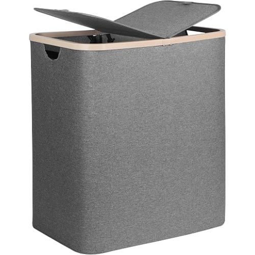 DOKEHOM 160L Extra Large Laundry Hamper with Lid, 2-Section Double Laundry Basket with Removable Mesh Liner Bags, Collapsible Clothes Sorter for Family, Bedroom, Laundry Room, Dark Grey