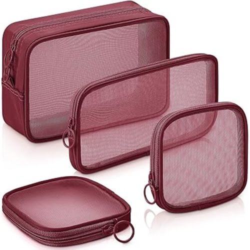 Weewooday 4 Pcs Mesh Makeup Bag Mesh Cosmetic Bag Travel Toiletry Pouch with Zipper Mini Makeup Cosmetic Purse for Daily Accessory(Small, Large, Medium,Wine Red)