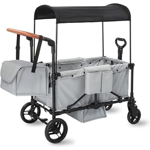 Wagon Stroller for 2 Kids, 3 in 1 Push and Pull Foldable Wagon with Footwell, All-Terrian Wheels, Includes Adjustable Canopy, Ample Organizer, 5 Point Harness