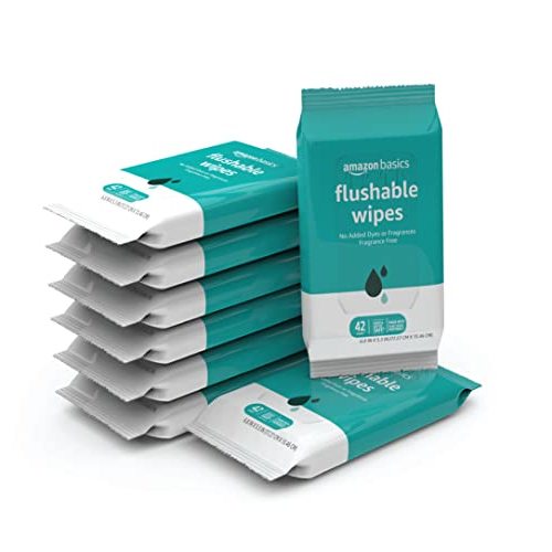 Amazon Basics Flushable Adult Toilet Wipes, Fragrance Free, 42 Count (Pack of 8) (Total 336 wipes) (Previously Solimo)