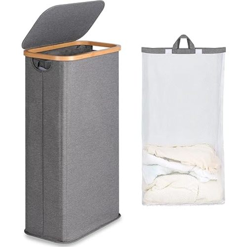 efluky Slim Laundry Basket with Lid, Narrow Laundry Hamper with Removable Bag, Skinny Dirty Clothes Basket with Bamboo Handles for Bathroom, Bedroom & Laundry Room, 63L Grey