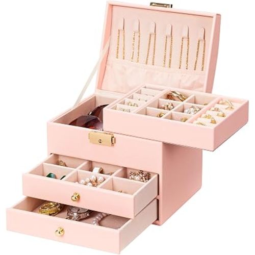 Homde Small Jewelry Box for Girls: 3-Layer Lockable Organizer (Blush Pink)