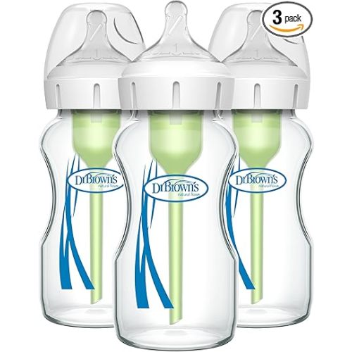 Dr. Brown's Natural Flow Anti-Colic Options+ Wide-Neck Glass Baby Bottles 9 oz/270 mL, with Level 1 Slow Flow Nipple, 3 Pack, 0m+