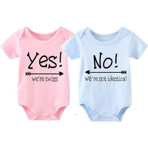 YSCULBUTOL 2 Pack Baby Twins Bodysuits Yes We're Twins No We're Not Identical Infant Romper Twin Unisex Outfits 0-12M