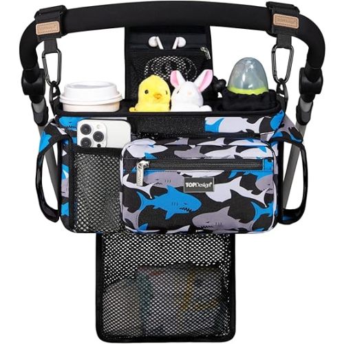 TOPDesign Universal Baby Stroller Organizer, Stroller Caddy with Detachable Mesh Bag & Heightened Insulated Cup Holders & Non-Slip Secure Hooks Accessories, Fits Most Strollers (Sharks)
