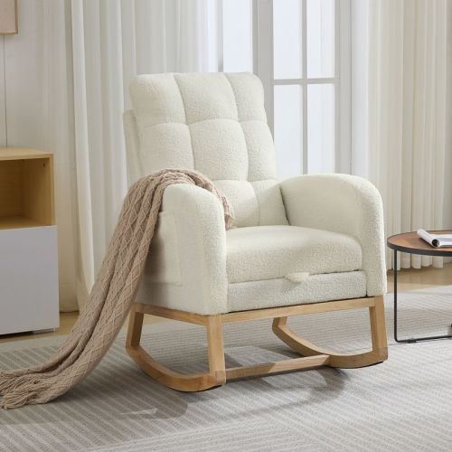 Nursery Rocking Chair - Linen/Teddy Upholstered Glider Rocker with Side Pocket, Footrest, High Back Nursing Chair, Modern Accent Armchair