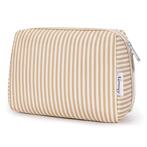 Narwey Striped Makeup Bag Travel Cosmetic Bag Organizer Toiletry Bag Make Up Bags with Compartments for Women Girls (Large,Brown Stripe)