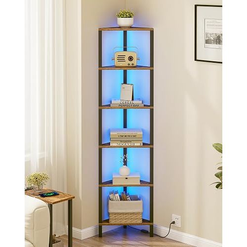 TUTOTAK Corner Shelf with LED Light, 6-Tier Corner Bookshelf