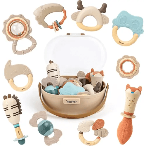 Baby Rattles & Teethers Set – Baby Toys 0-6 Months, Teething Toys 3-6 Months, Sensory Toys with Soft Textures, Gentle Sounds & Easy-Grip Shape, Neutral Newborn Gift(10-Pack)