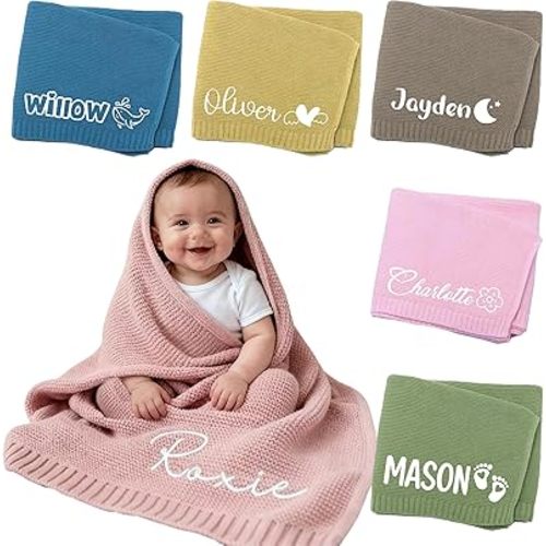 Personalized Embroidered Baby Blanket with Name,100% Cotton Newborn Baby Gifts for Boy Girl,40 * 30 inch,Customized Handmade Chunky Knit Nursery Blanket,Kids Birthday & Baby Showers