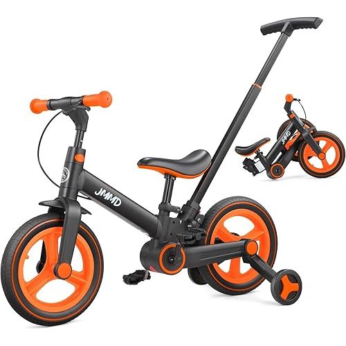 JMMD Toddler Bike with Push Handle for Kids 18-60 Months, 6 in 1 Foldable Push Bike with Training Wheels, Pedals, Brakes, Kickstand, Kid Balance Bike Gift & Toys for Boy & Girl