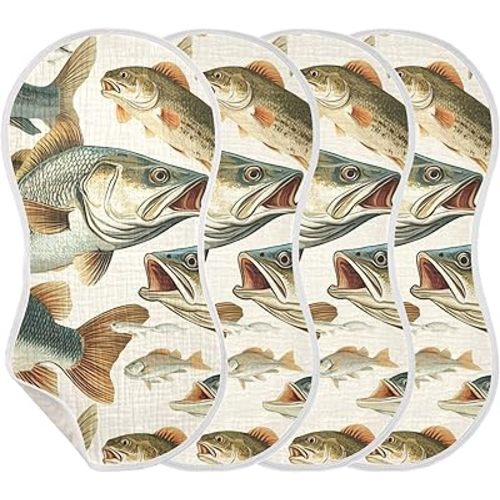 Sea Bass Fish Vintage Burp Cloths Baby Boys Girls Absorbent Soft Cotton Burping Cloths Rags, 4 Pack